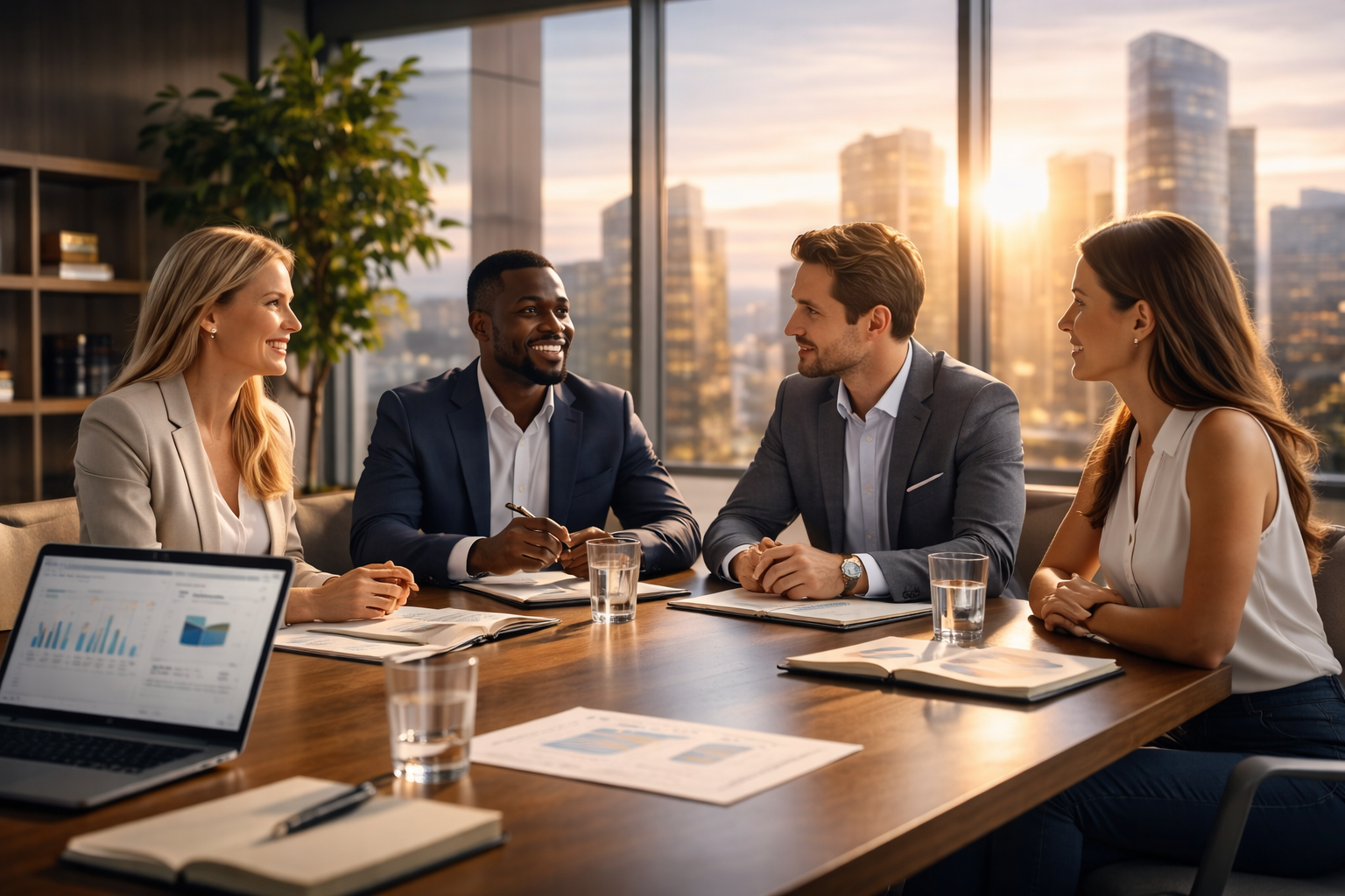 Four professionals in business attire sitting at a conference table with documents, glasses of water, and a laptop, engaged in a discussion with a city skyline and sunset in the background.