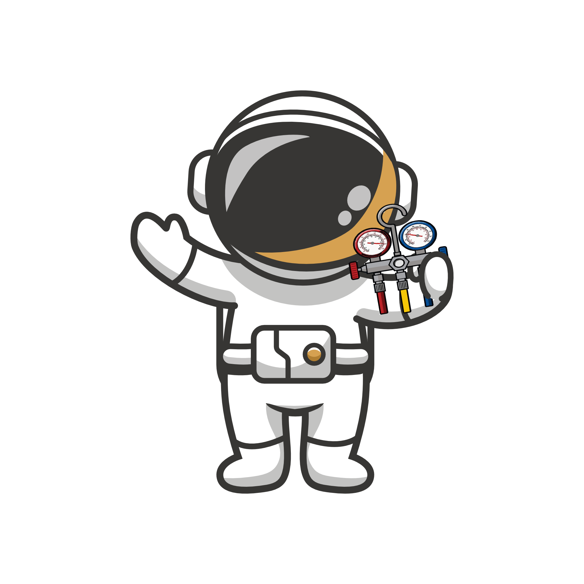Cartoon astronaut holding a blood pressure monitor with gauges, wearing a white spacesuit and helmet.