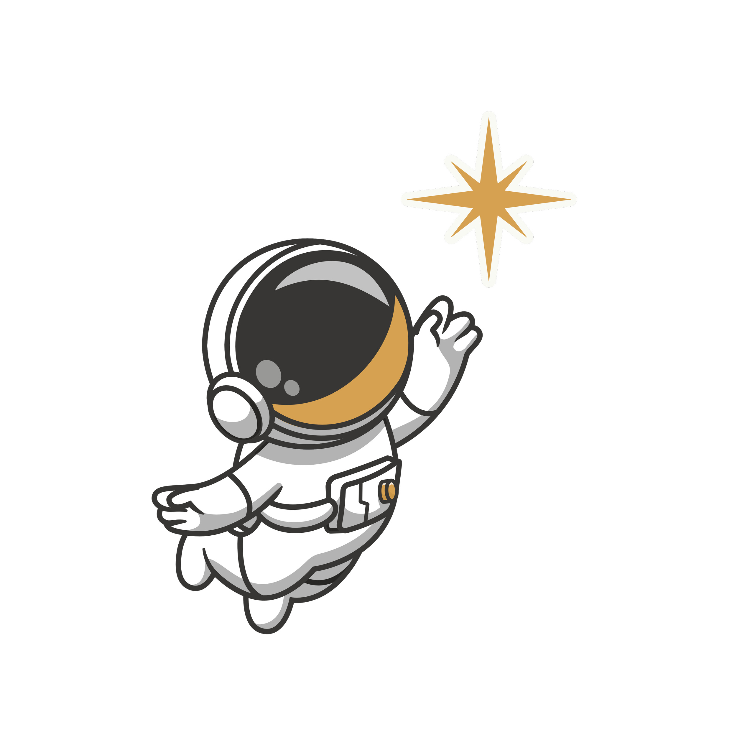 Cartoon astronaut floating in space, reaching towards a glowing star.