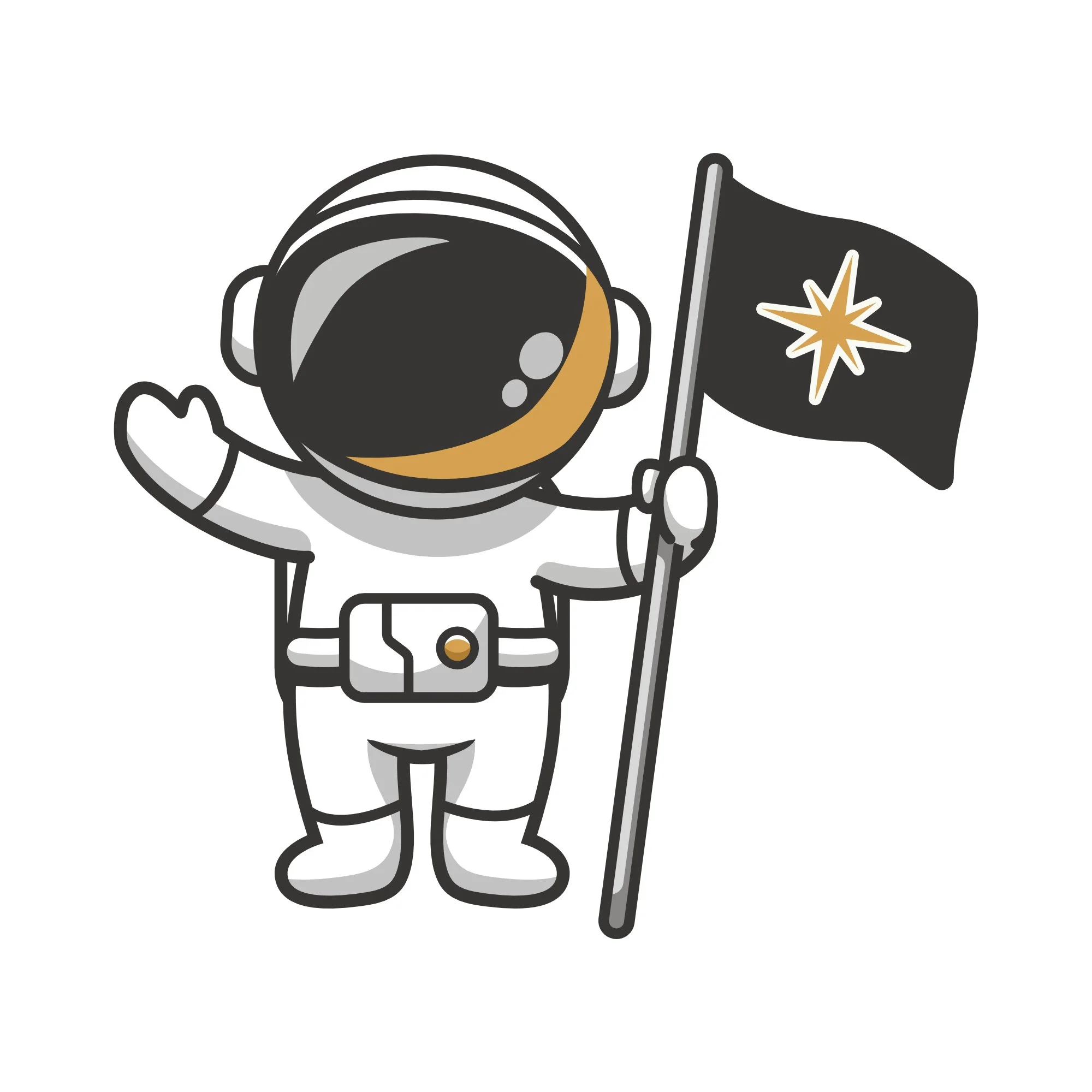 Cartoon astronaut holding a black flag with a yellow star, waving, smiling, in a space suit.
