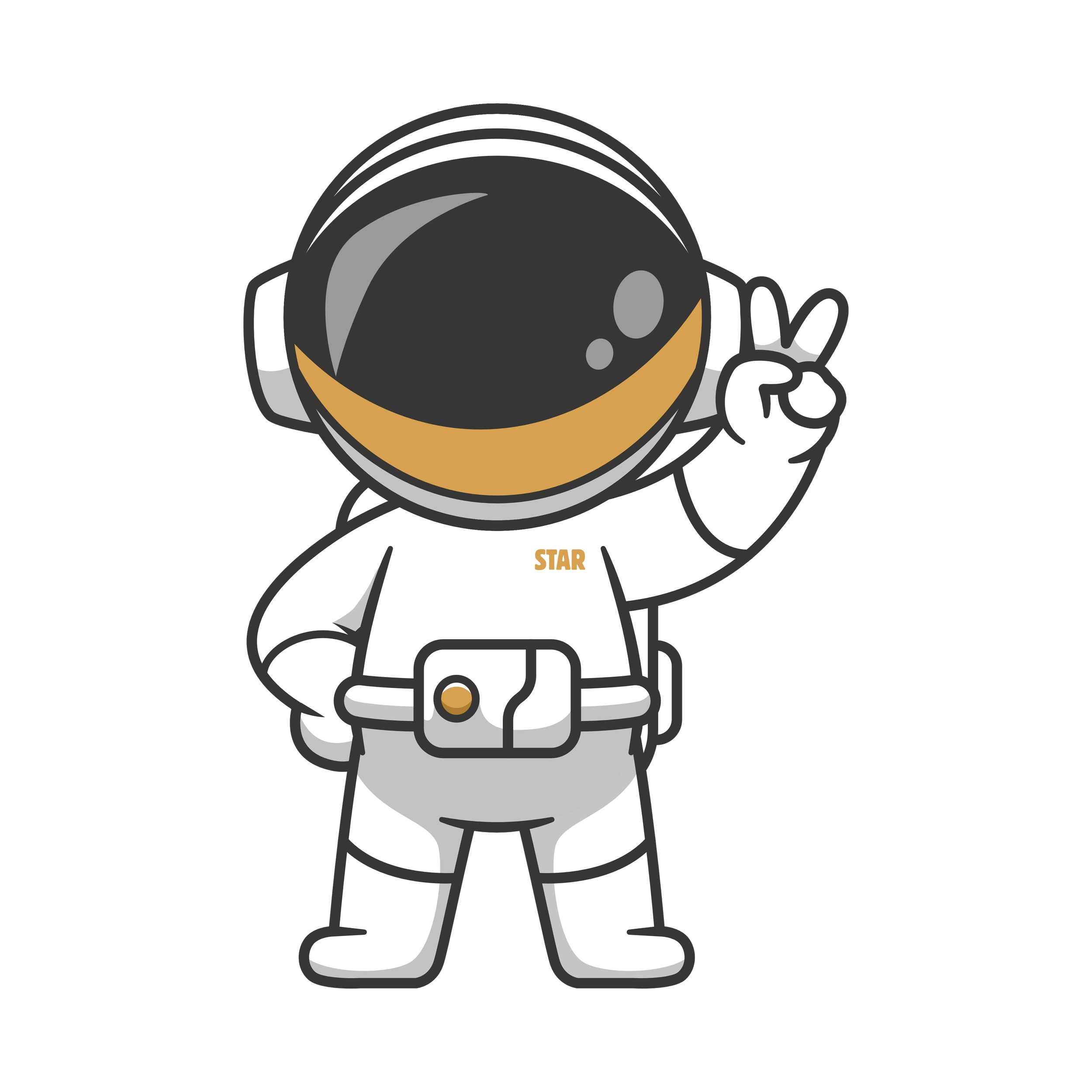 Cartoon astronaut in a white spacesuit with the word "STAR" on the chest, making a peace sign with his right hand, against a black background.