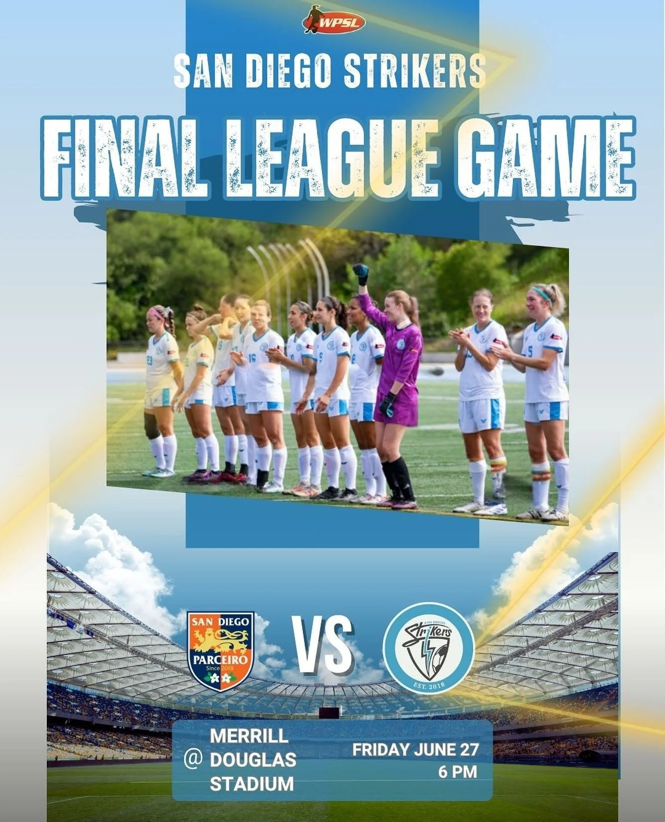💥 Final League Match 💥
Last one&mdash;let&rsquo;s make it LOUD 🔊
🆚 San Diego Parceiro
🕕 6PM | Merrill Douglas Stadium

We&rsquo;re not done yet.
Bring the energy. Bring the noise. Let&rsquo;s finish strong 💙

🩵 Help fund the fight: [link in bi