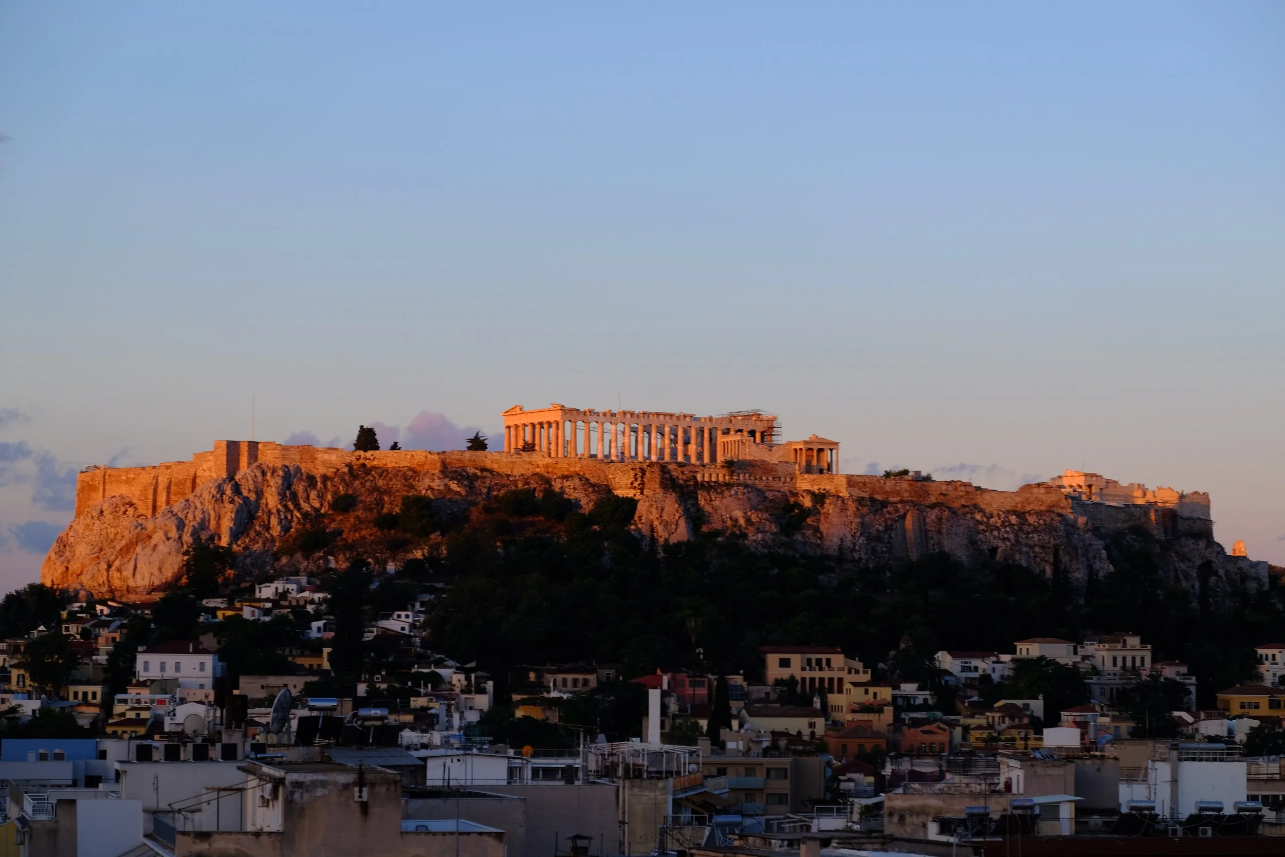 View of the Acropolis in Athen at sunset