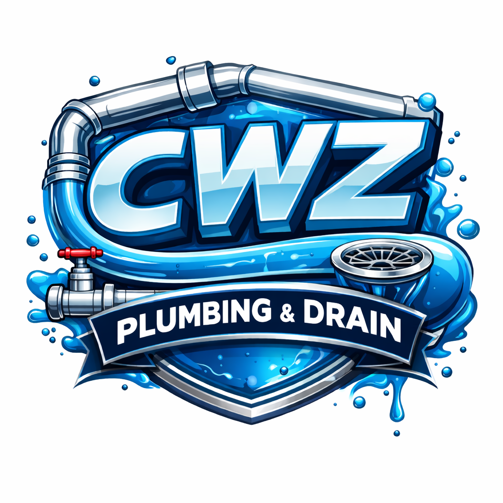 Logo for CZW Plumbing & Drain featuring blue pipes and water splashes.