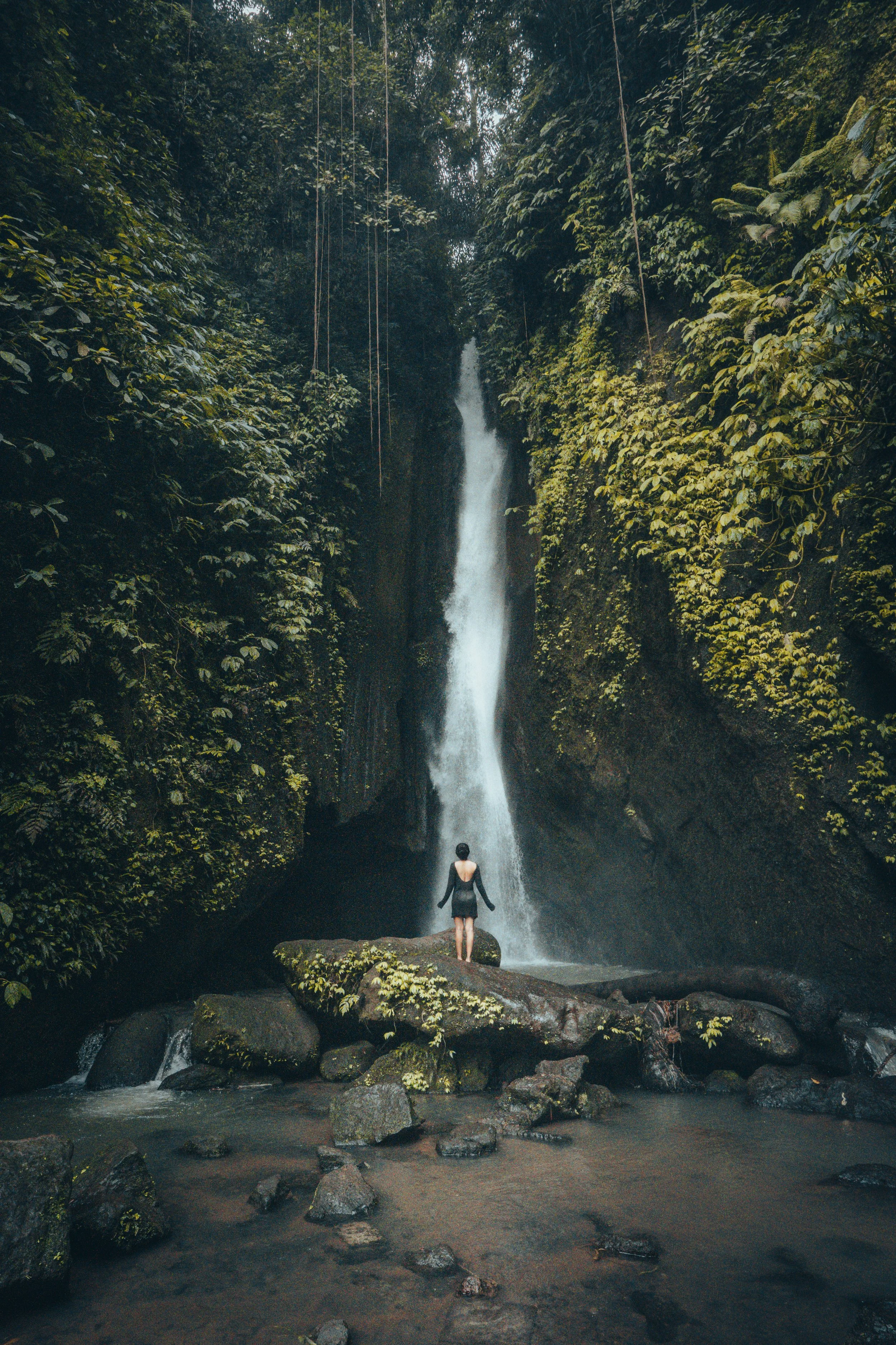 Une femme en robe noire se tient sur un rocher devant une chute d'eau dans une forêt dense.