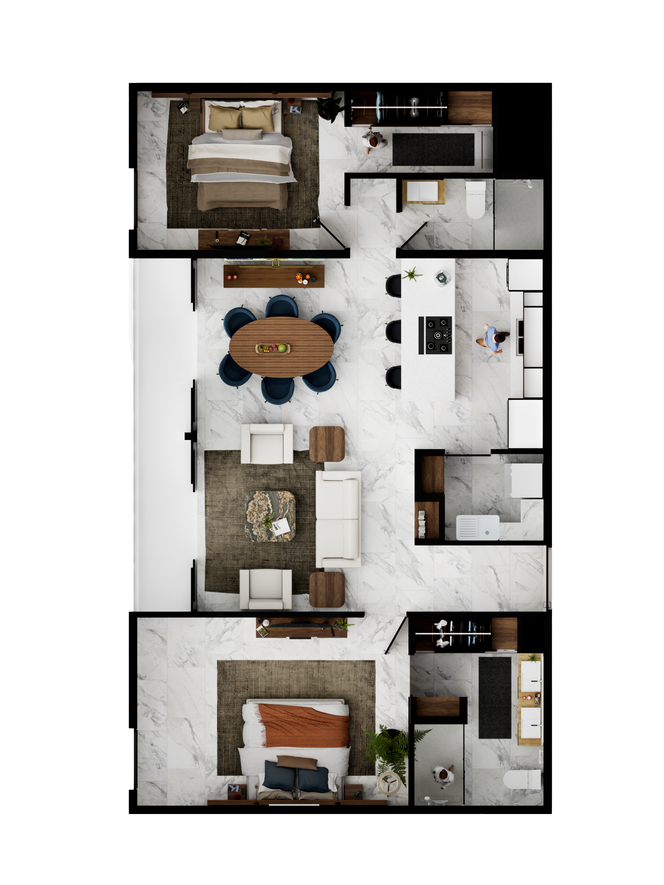 Plano de apartamento que incluye dos dormitorios, dos baños, cocina, sala de estar y comedor con muebles modernos y decoración en tonos neutros.