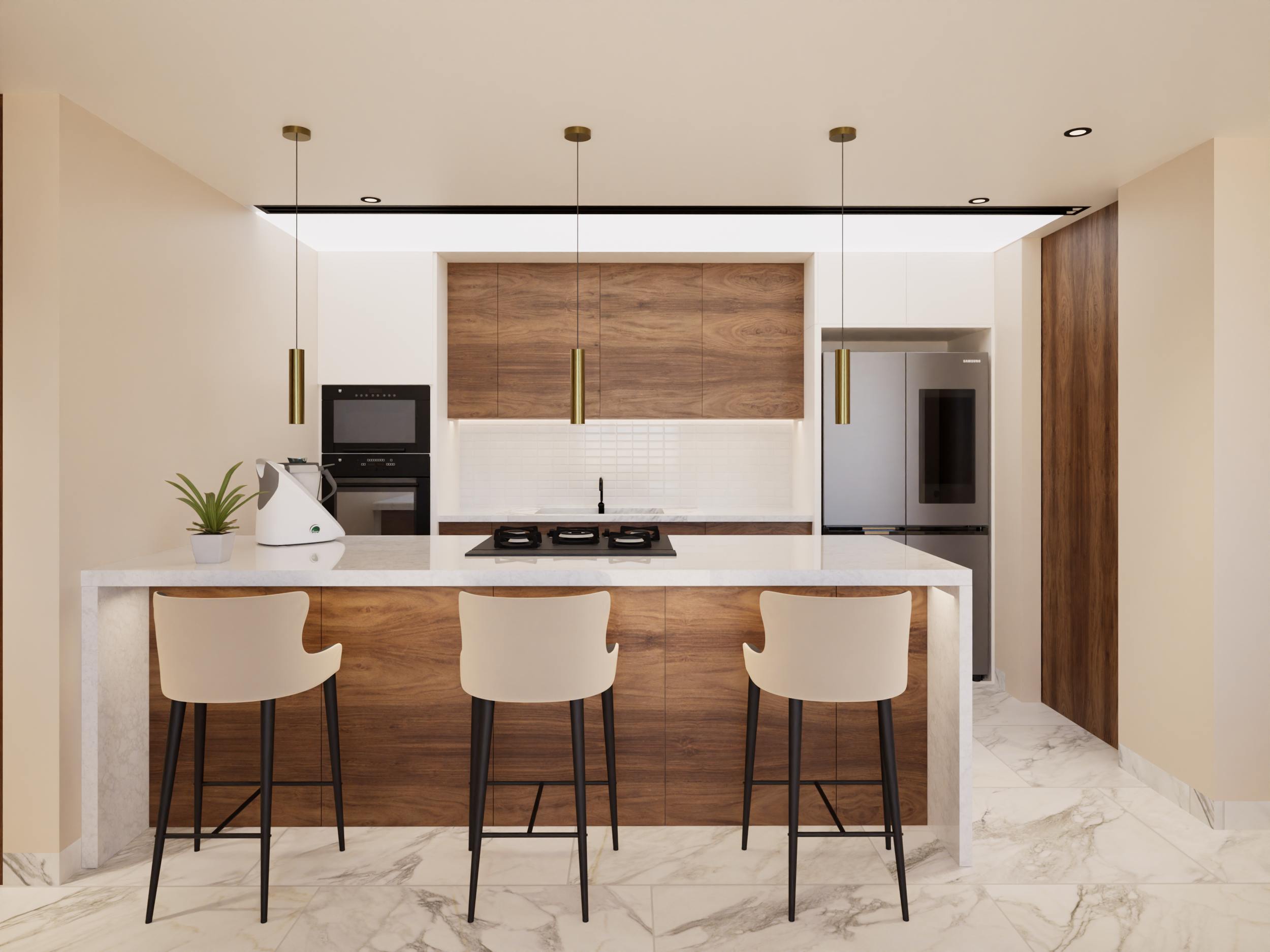 Cocina moderna con isla de mármol, tres sillas blancas, estufa de gas, horno empotrado, refrigerador doble y gabinetes de madera, decorada con plantas y utensilios de cocina.