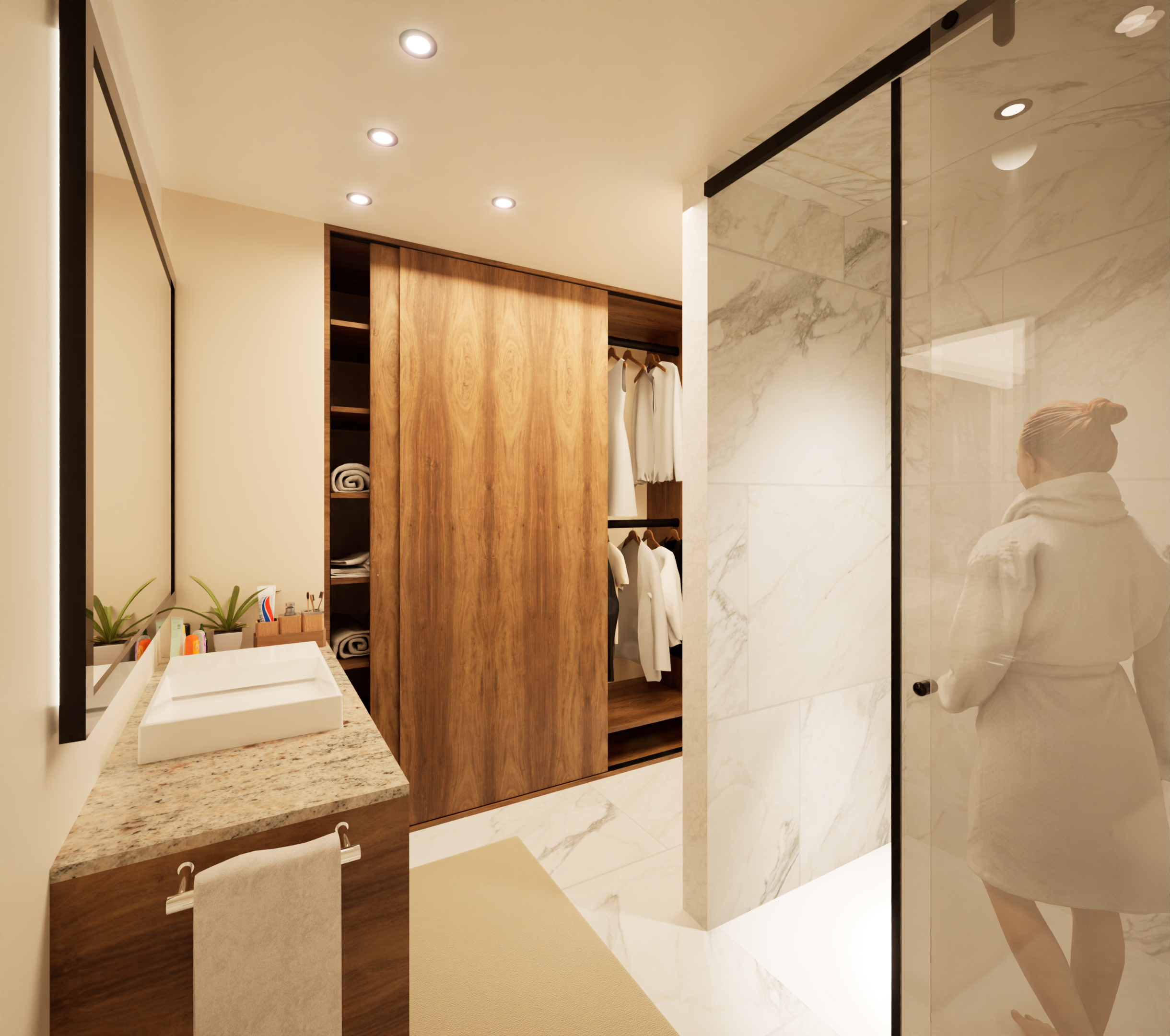Baño con lavabo de granito, espejo grande, armario de madera para ropa, pared de azulejos de mármol, ducha con puerta de cristal, mujer en bata en la ducha.