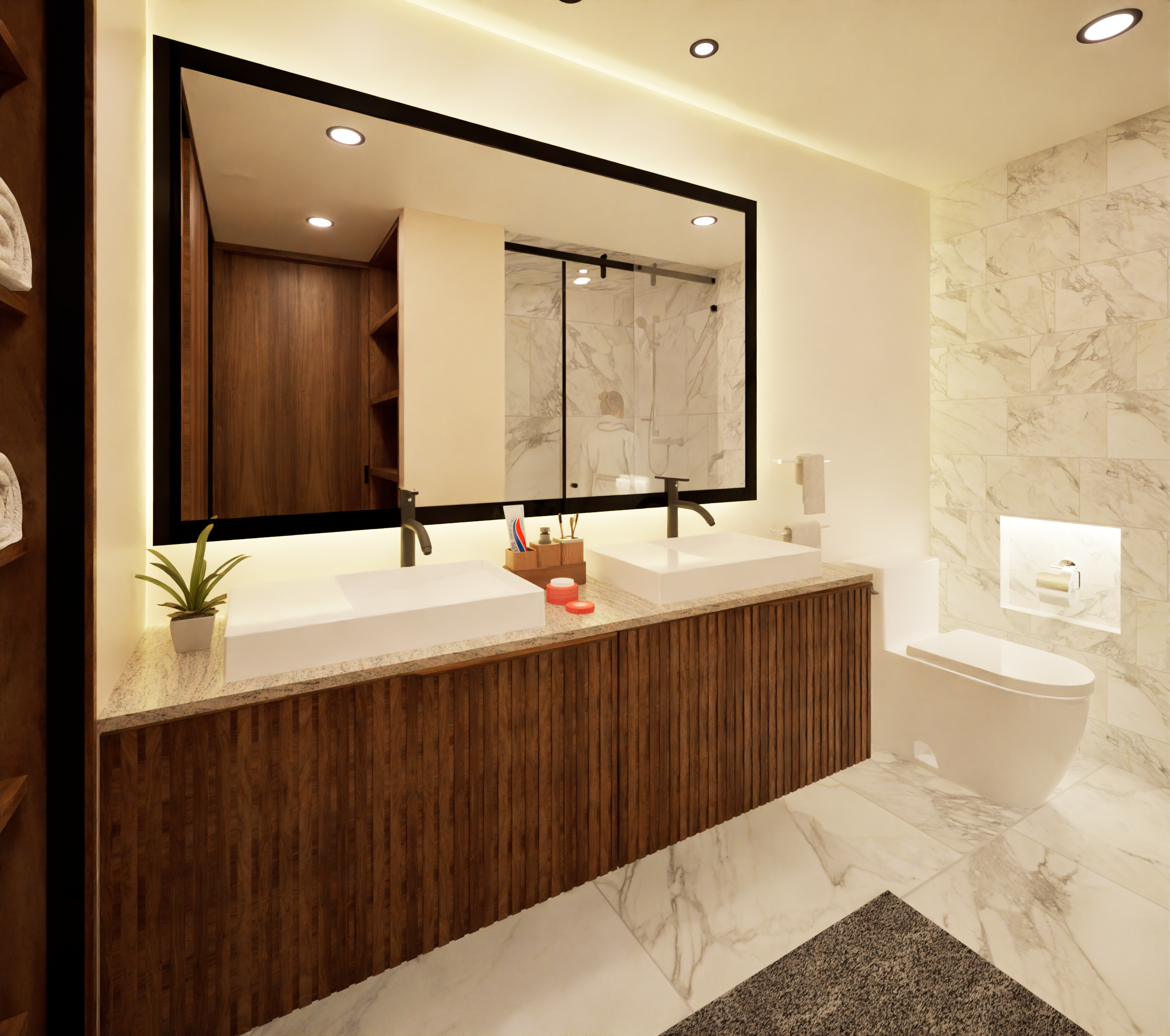 Baño moderno con doble lavabo y espejo grande, paredes de mármol, inodoro de diseño y detalles en madera.