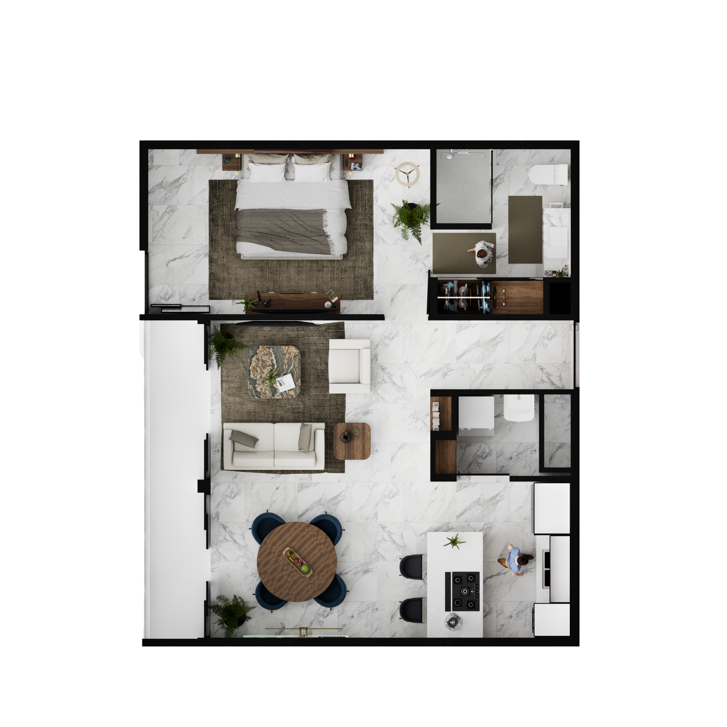 Plano de apartamento con área de estar, cocina, comedor, una recámara con cama, baño y balcón.