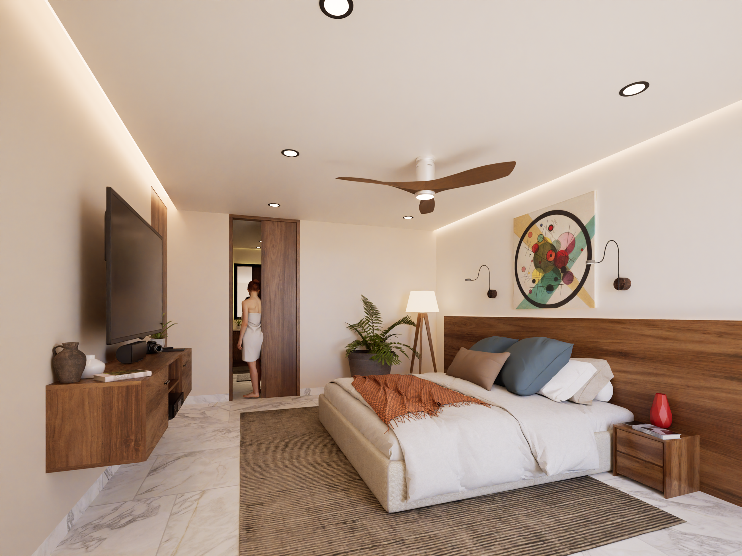 Habitación moderna con cama, cuadros abstractos, lámparas, plantas y vista a un pasillo con una persona de espaldas.