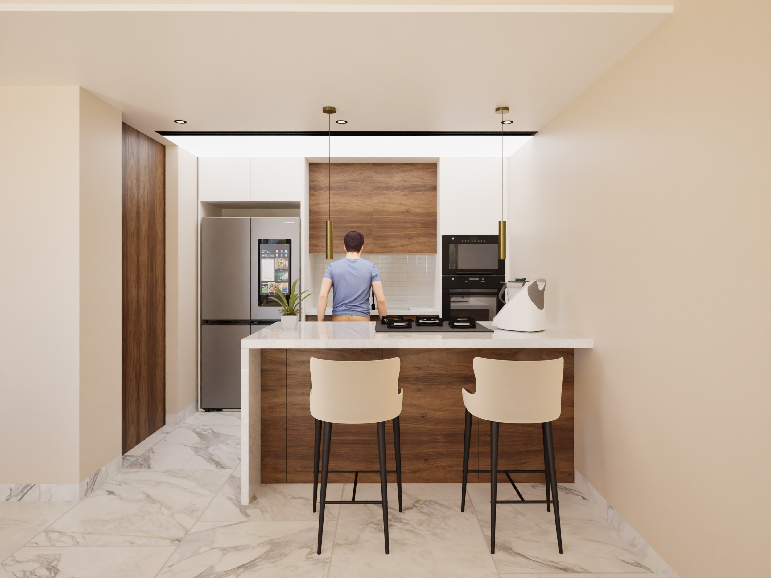 Cocina moderna con electrodomésticos de acero inoxidable y barra de desayuno con dos sillas blancas.