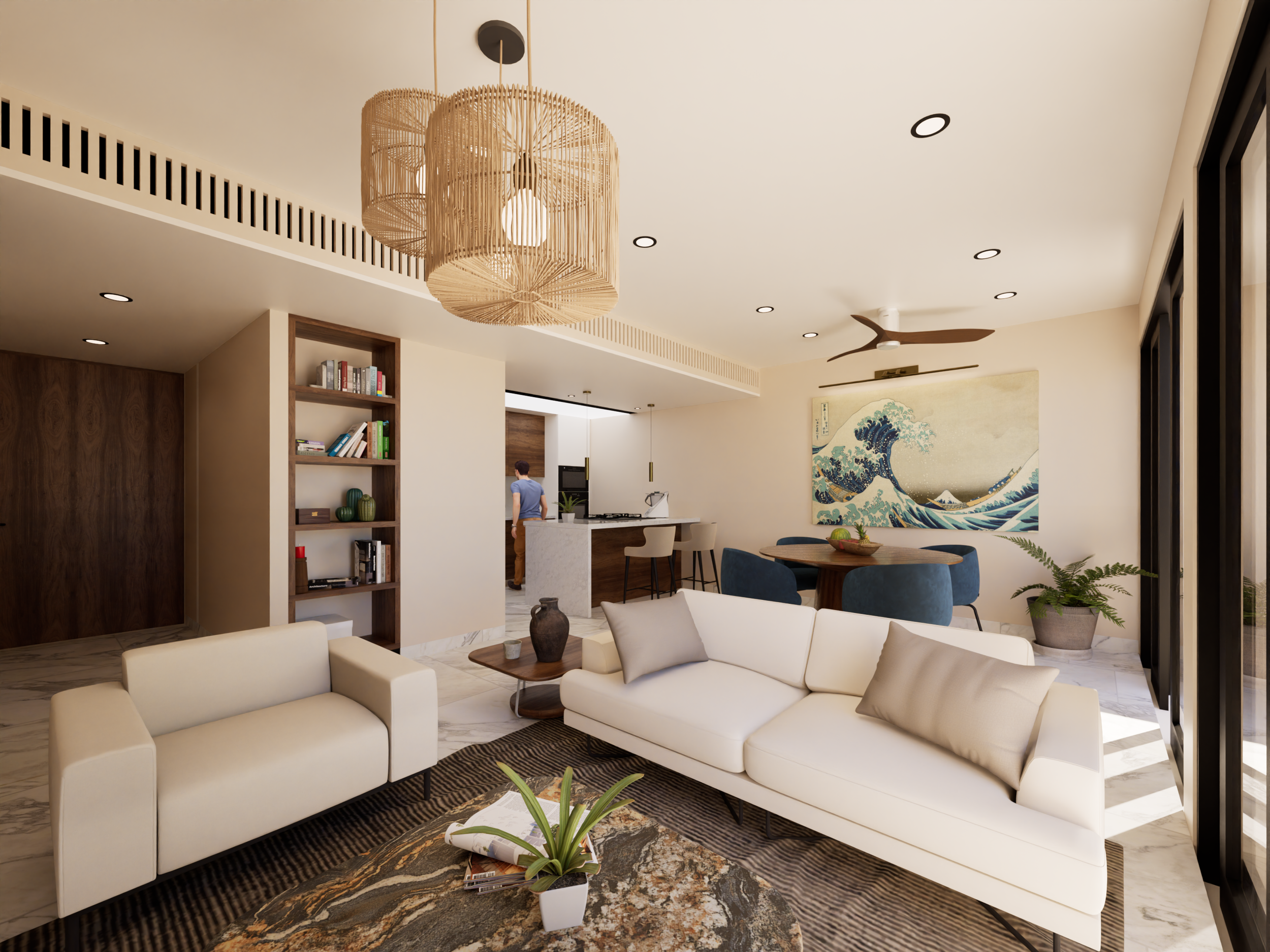 Sala de estar moderna con sofás blancos, mesa de centro, decoración en tonos neutros, muro con pintura de olas, área de comedor, y cocina en el fondo