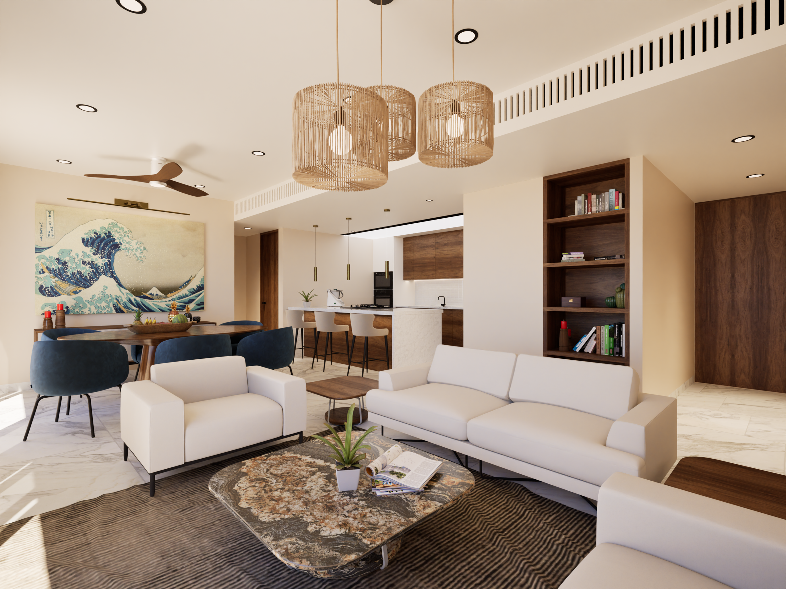 Sala de estar y cocina en apartamento moderno, con muebles blancos, sillones azules y una mesa con plantas y libros, decorada con una pintura grande en la pared.