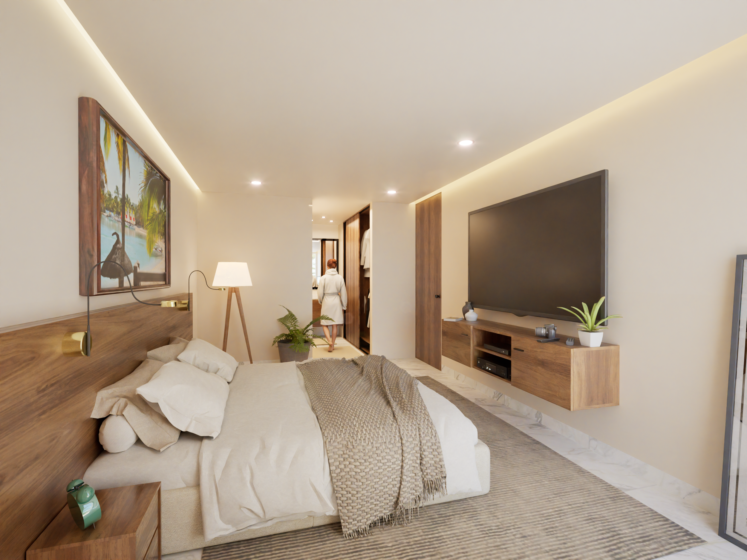 Habitación moderna con cama, televisión de pantalla plana, plantas decorativas, lámpara de suelo y cuadro en la pared, habitación luminosa con suelo de mármol y paredes blancas, vista hacia un pasillo con un hombre en bata caminando.