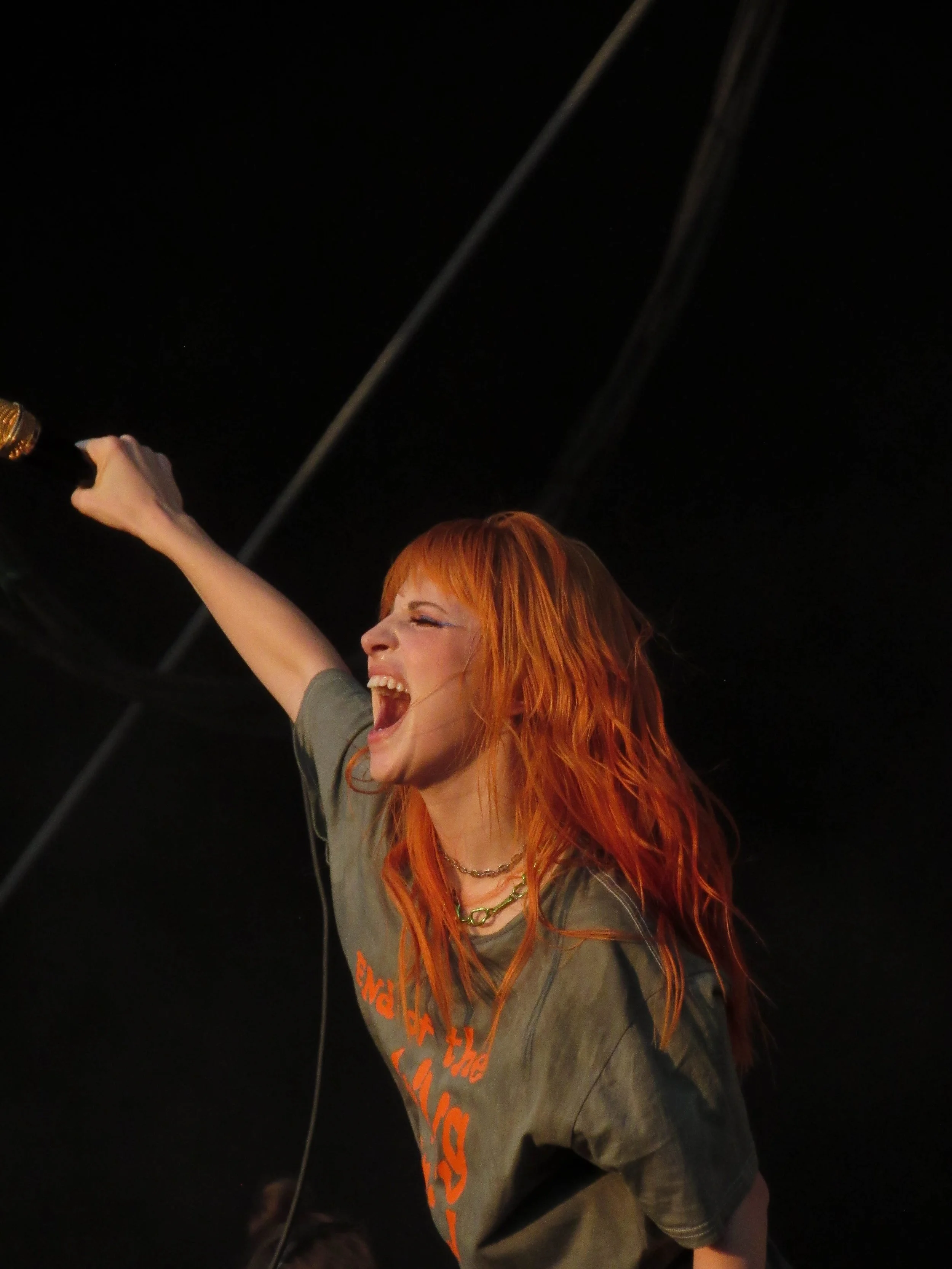 A woman with red hair (Hayley Willams) passionately singing or shouting into a microphone on stage, wearing a gray T-shirt and layered necklaces.