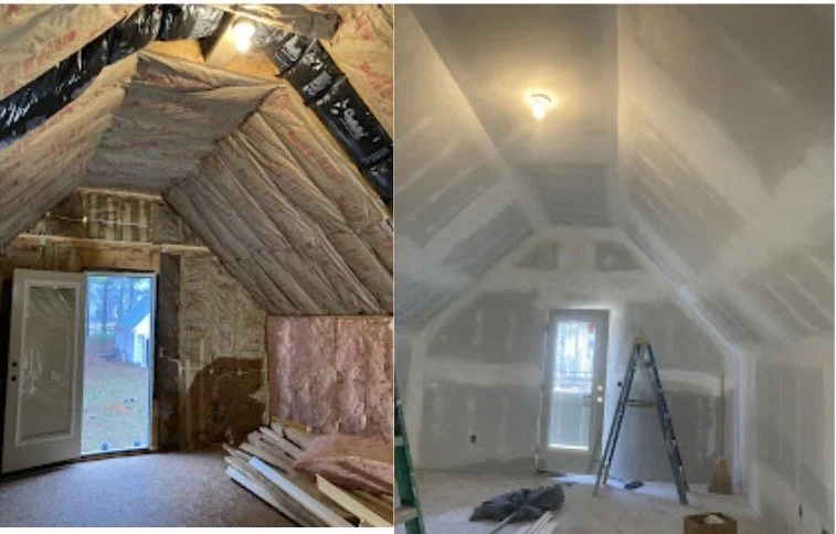 Before and after photo of attic insulation and drywall installation, showing remodeling progress.