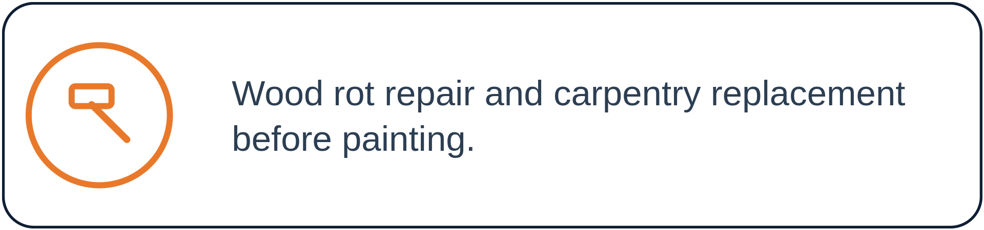 Icon of a hammer and a paintbrush, with text indicating wood rot repair and carpentry replacement before painting.