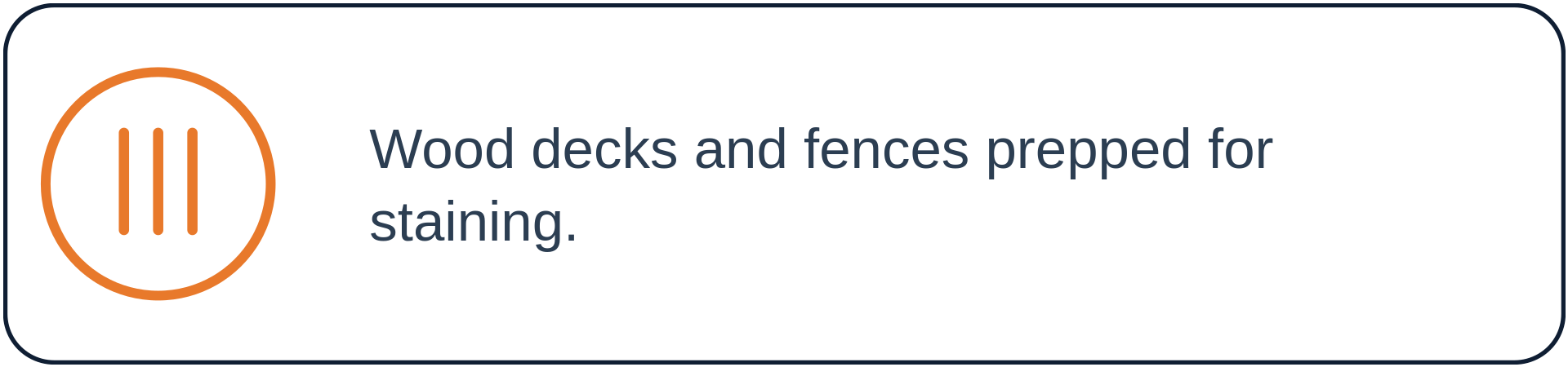 Icon of three vertical lines inside an orange circle, next to text that says 'Wood decks and fences prepped for staining.'
