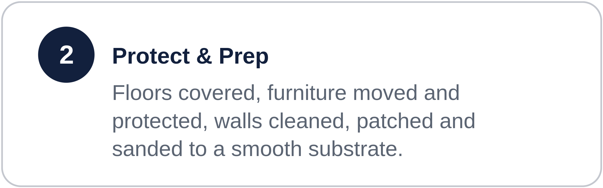 Step 2 of a guide titled 'Protect & Prep', with a description about covering floors, moving and protecting furniture, and cleaning and sanding walls to a smooth surface.