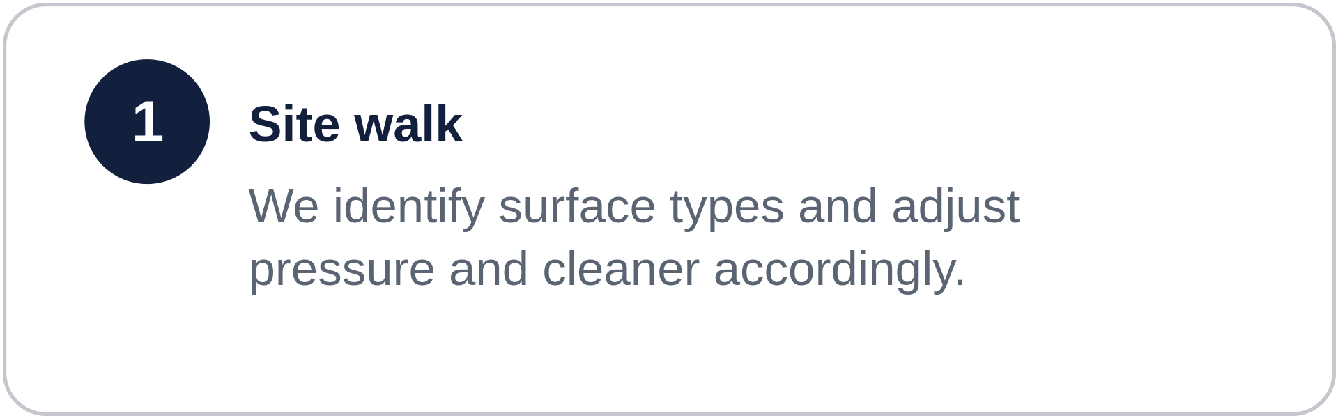 Step 1 of a process titled 'Site walk' with a description about identifying surface types and adjusting pressure and cleaner accordingly.
