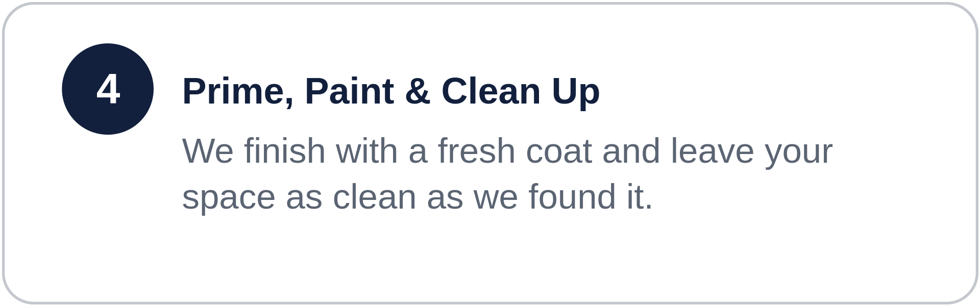 Step four in a cleaning process titled 'Prime, Paint & Clean Up' with text about finishing with a fresh coat and leaving the space as clean as found.