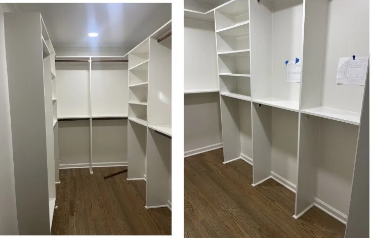 Empty white built-in closet with shelves and hanging rods, wooden floor, and gray walls.