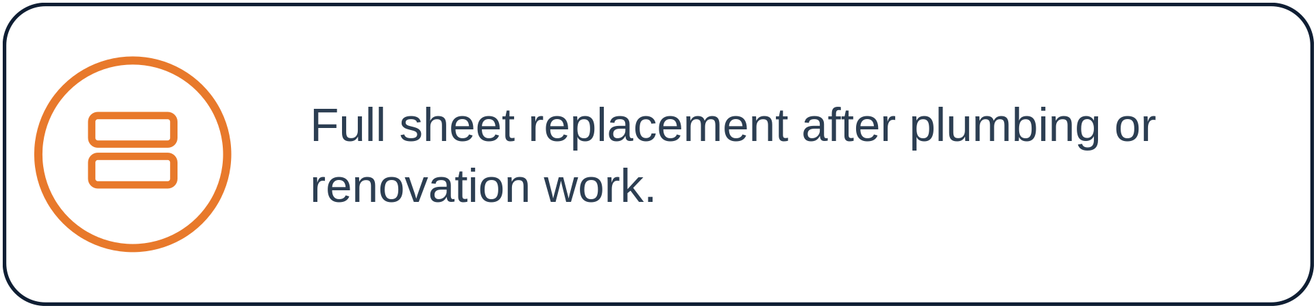 Information icon with two horizontal lines and the text "Full sheet replacement after plumbing or renovation work."