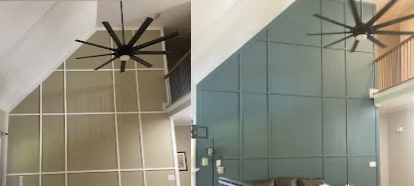 Side-by-side images of two different rooms, each featuring a modern black light fixture with multiple arms extending from a central point, hanging from the ceiling.