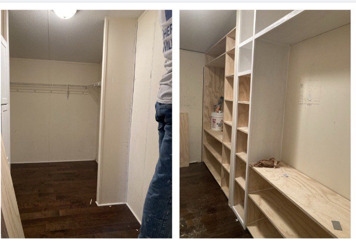 Side-by-side photos of an unfinished walk-in closet. The left photo shows an empty space with a wire shelf on the wall, beige walls, and dark hardwood floors. The right photo shows built wooden shelves and storage units inside the closet, with some tools and materials present.