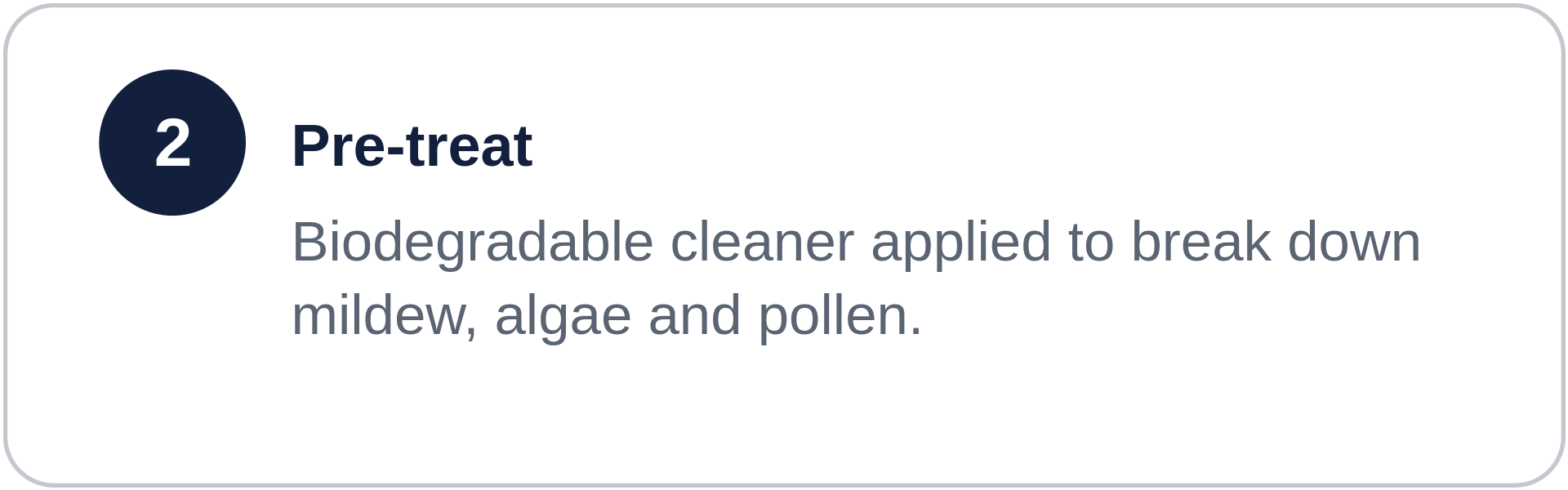 Number two in a circle, labeled Pre-treat with text about biodegradable cleaner for mildew, algae, and pollen.