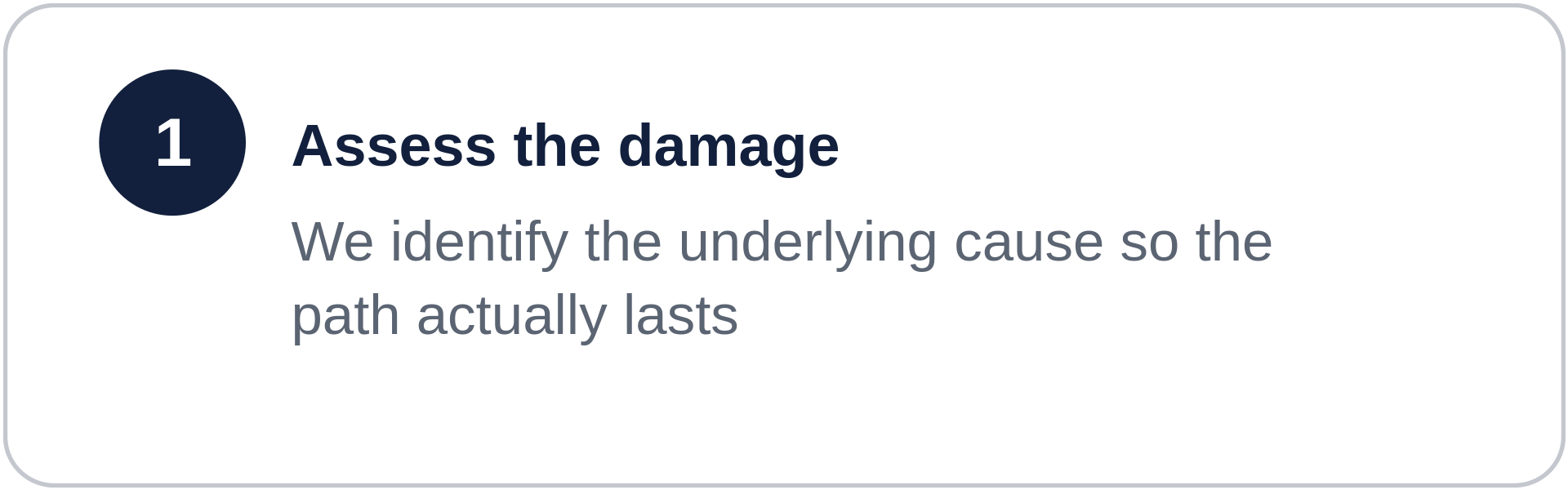 Step 1 in a process guide titled 'Assess the damage', with instructions to identify the underlying cause for a lasting solution.