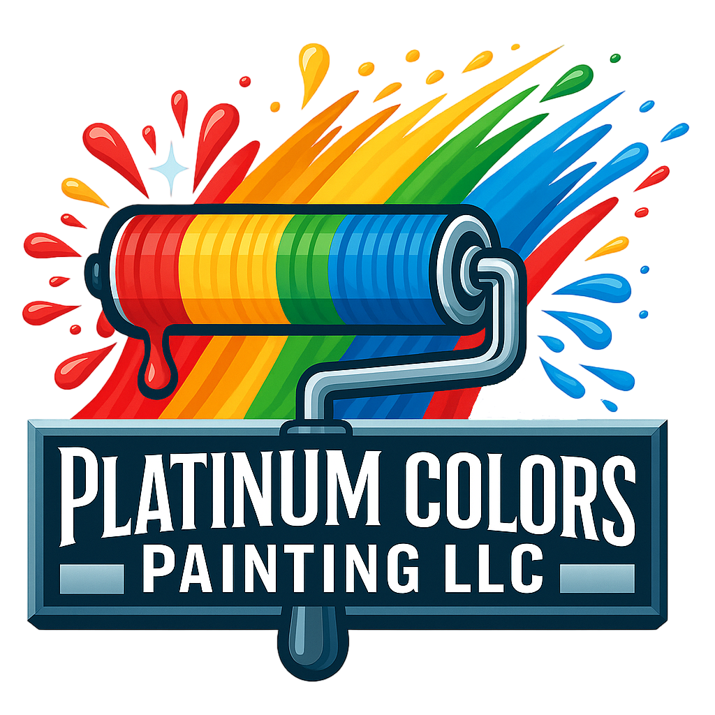 A logo for Platinum Colors Painting LLC featuring a paint roller with rainbow-colored paint splashes and streaks.