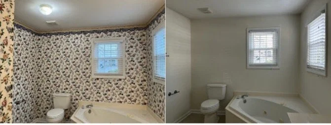 Comparison of two bathrooms: the left has floral wallpaper, the right has plain painted walls, both with a bathtub and toilet.