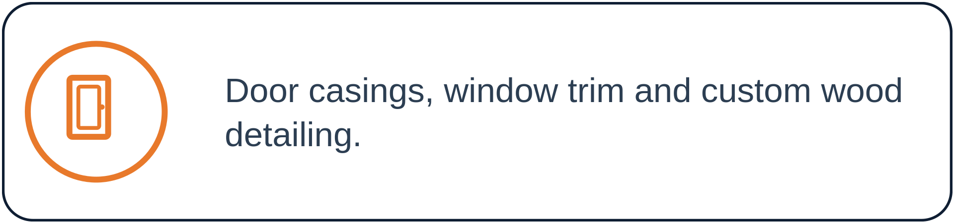 Icon of a door with a handle, accompanied by text describing door casings, window trim, and custom wood detailing.