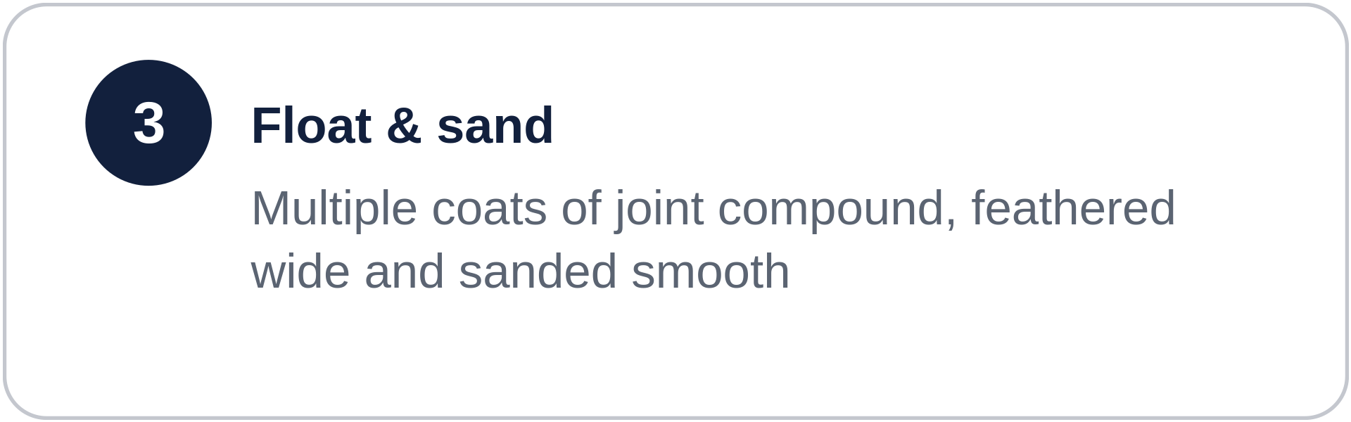 Step 3: Float and sand - Multiple coats of joint compound, feathered wide and sanded smooth.