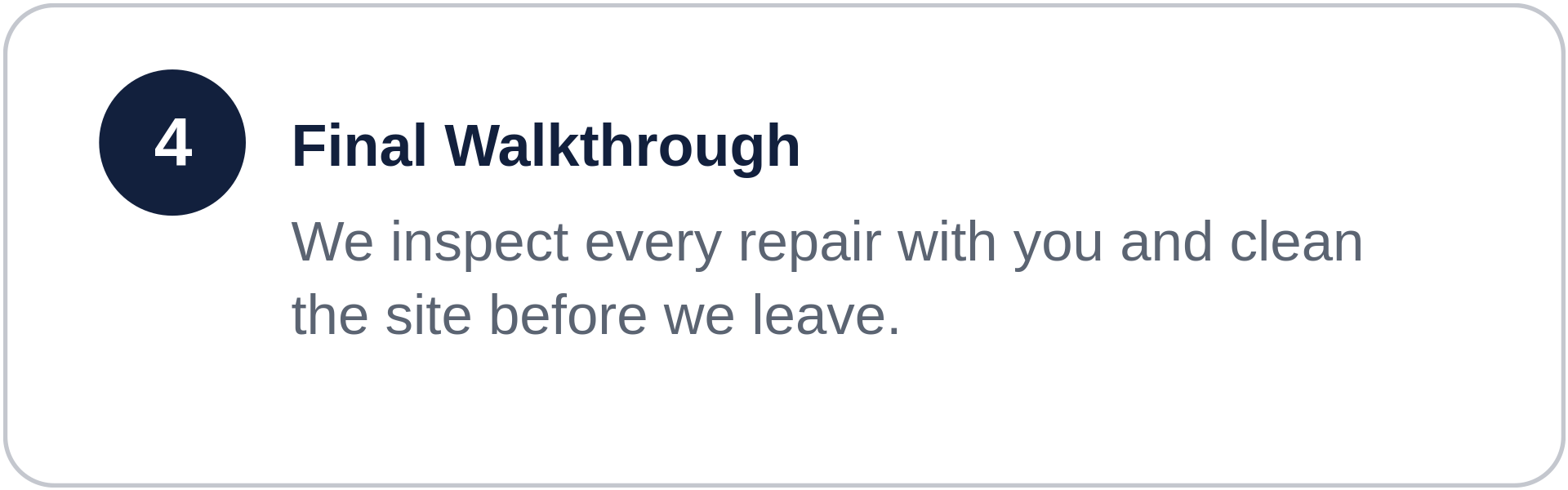 Number four icon with text reading 'Final Walkthrough: We inspect every repair with you and clean the site before we leave.'
