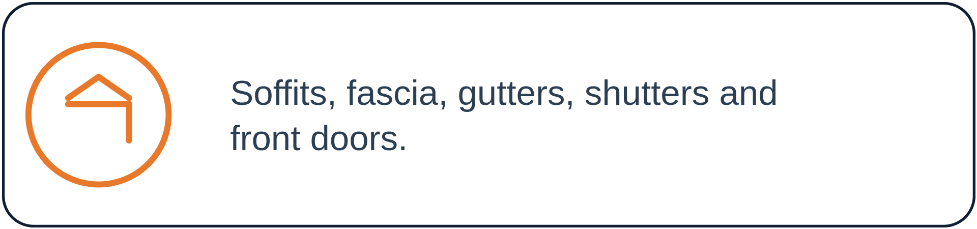 Icon of a house with an upward arrow, next to text about soffits, fascia, gutters, shutters, and front doors.