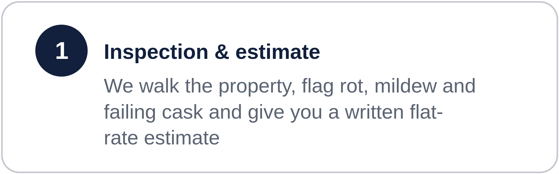 Step one of a process, titled 'Inspection & estimate,' describing walking a property for damage, mold, mildew, and failing casks to provide a written flat-rate estimate.