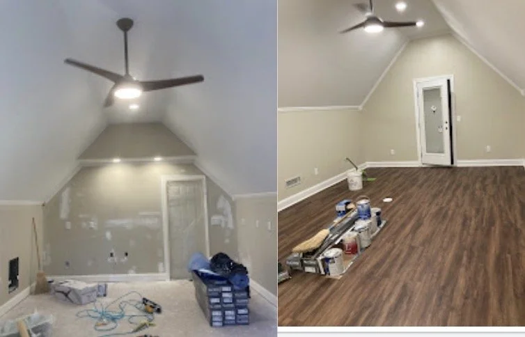 Side-by-side photos of a room undergoing renovation; the left shows a ceiling fan and drywall work in progress, and the right shows a finished room with painted walls, a ceiling fan, and new hardwood flooring.