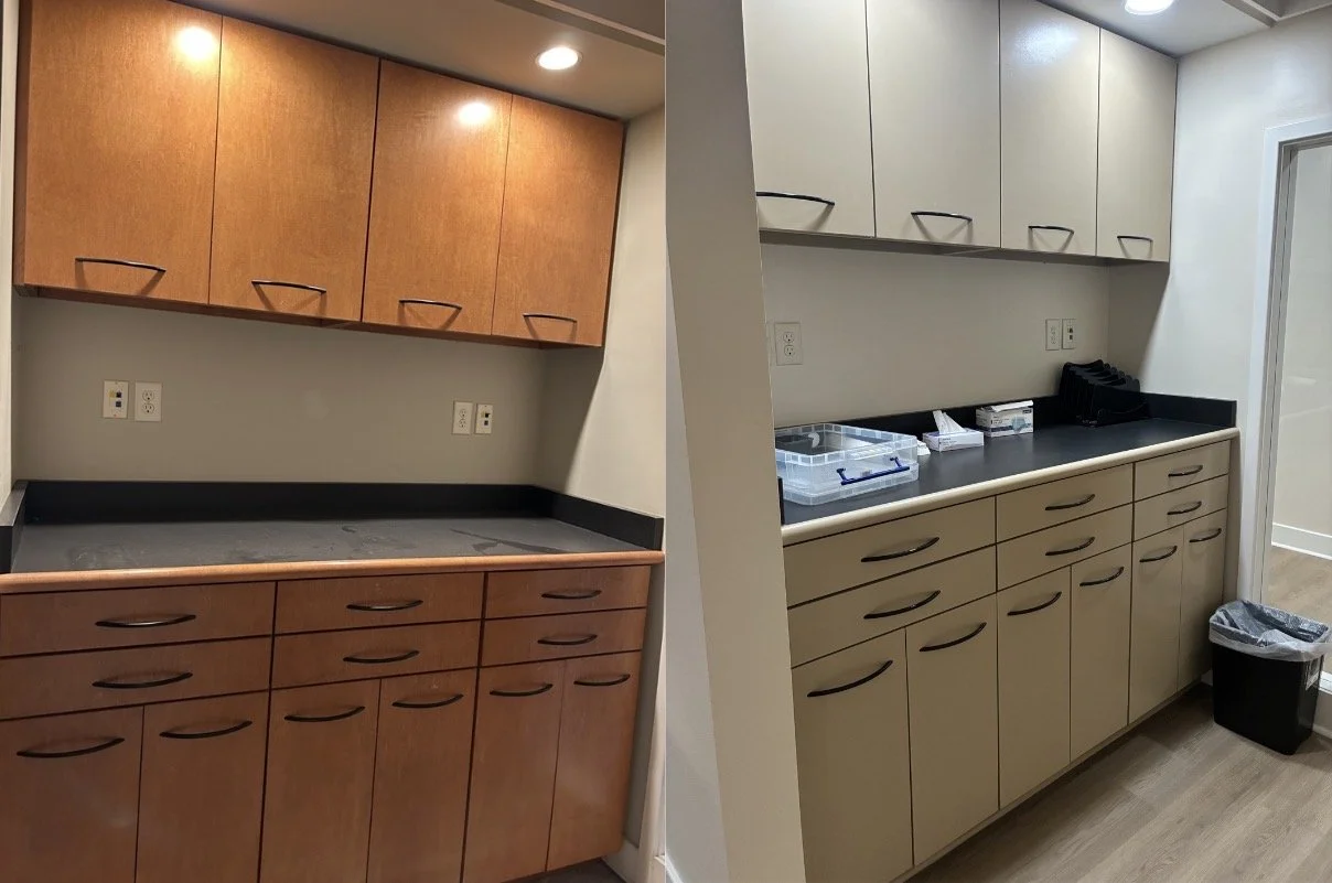 Side-by-side comparison of two cabinet areas in a clinical or office setting. The left side shows a cabinet with a warm wood finish and a black countertop, while the right side shows a similar cabinet with a light beige finish and a black countertop, with some office or medical supplies on top.