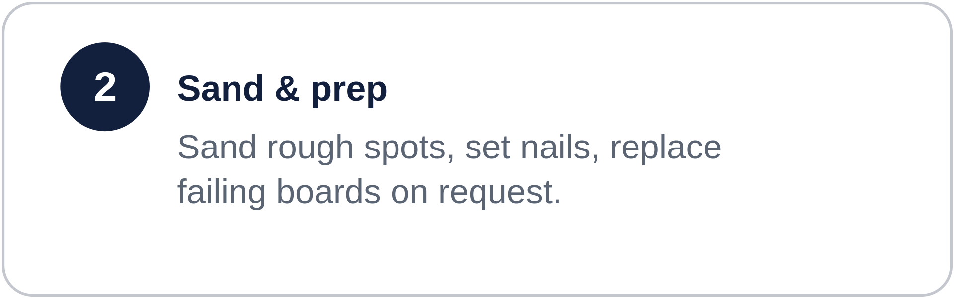 Step 2 of a repair guide, labeled 'Sand & prep,' describes sanding rough spots, setting nails, and replacing failing boards on request.