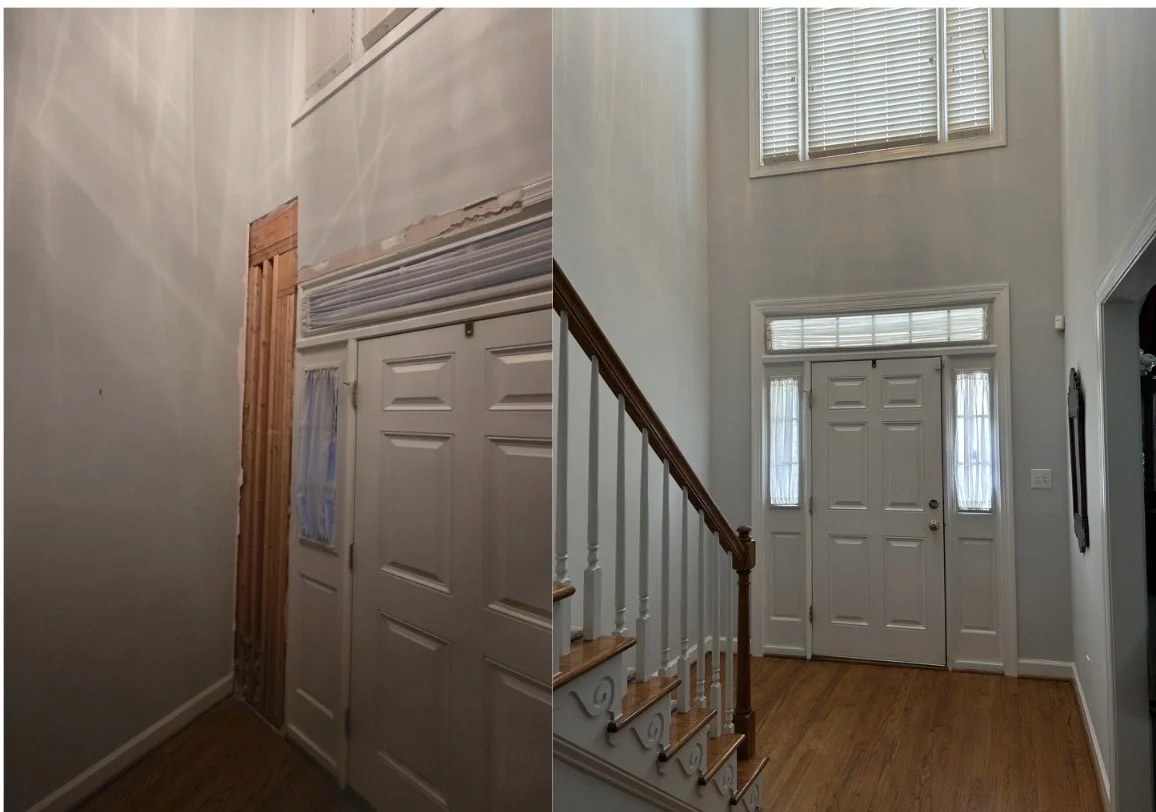 Before and after images of a home renovation showing the entryway. The left side shows a wall with peeling paint and exposed wood framing, while the right side shows a finished entry with new white paint, a staircase, and a front door with sidelights and transom window.