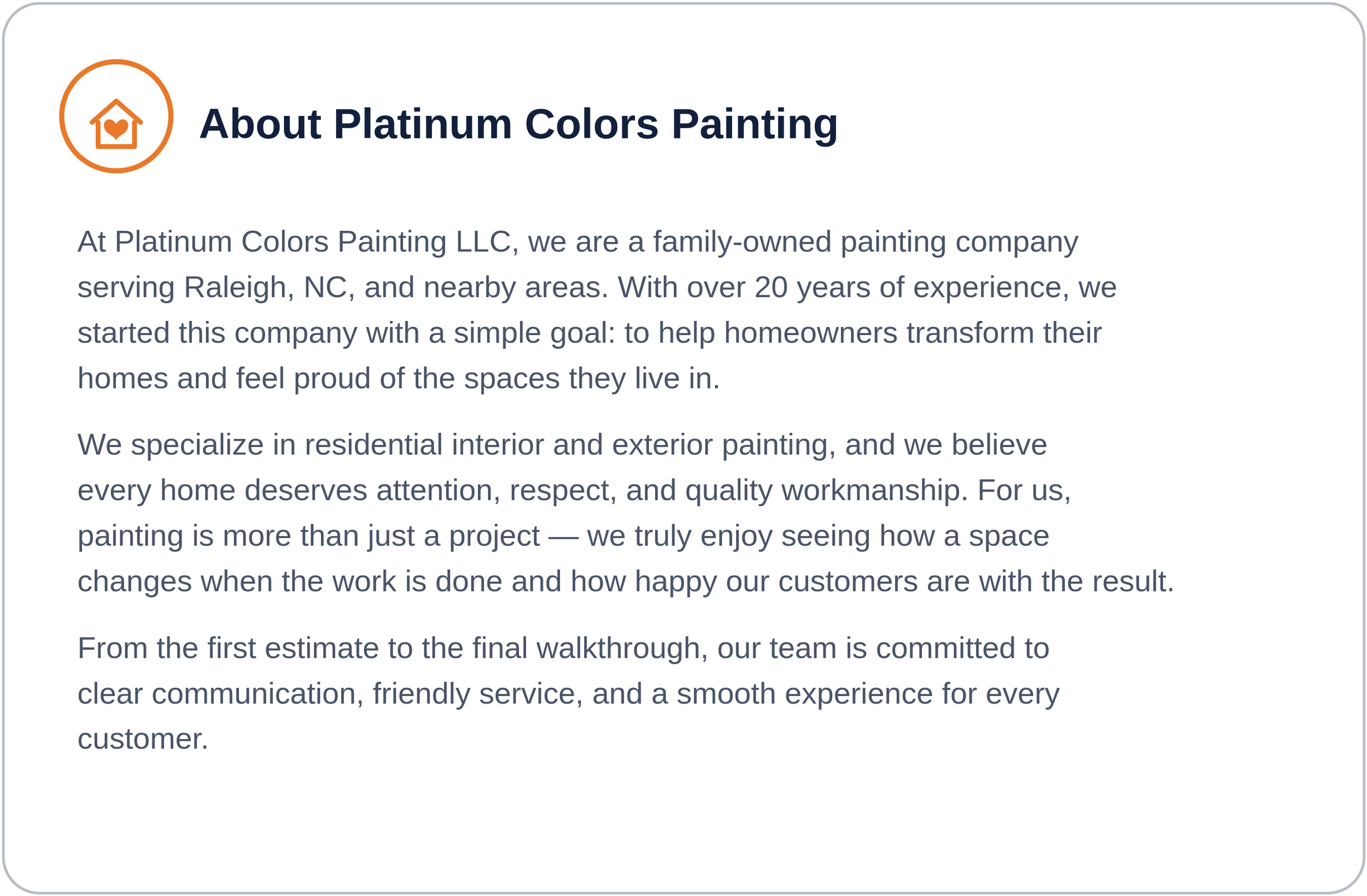 Text explaining the company's background, services, and commitment to customer satisfaction.