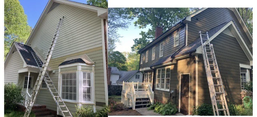 Side-by-side comparison of a house being painted, with ladders leaning against the exterior in each photo. The left house is light yellow with white trim, and the right house is dark gray or brown with white trim.