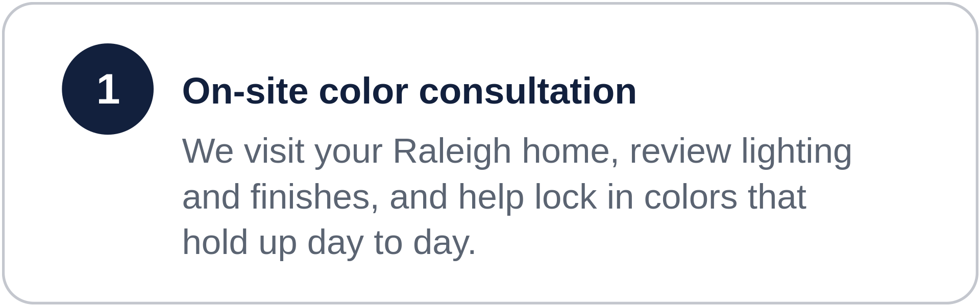 Step 1 of a process about on-site color consultation, involving visiting a Raleigh home to review lighting and finishes to select and lock in colors.