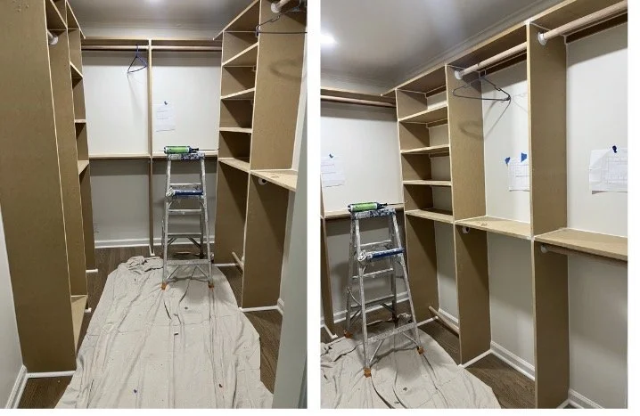 A walk-in closet with beige shelves and hanging rods, with a small ladder in the center and a cloth covering the floor during installation or renovation.