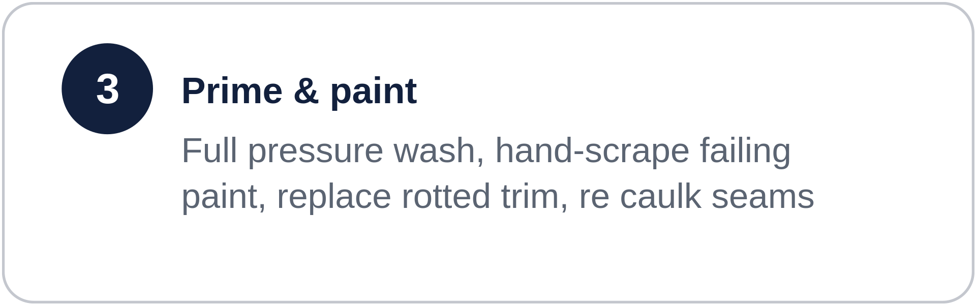 Step 3 of home renovation process, involving priming and painting walls with instructions for pressure washing, hand-scraping failing paint, replacing rotted trim, and re-caulking seams.