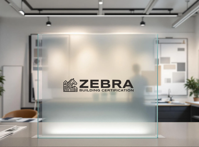 A glass wall with the Zebra Building Certification logo on it, in a modern office conference room.