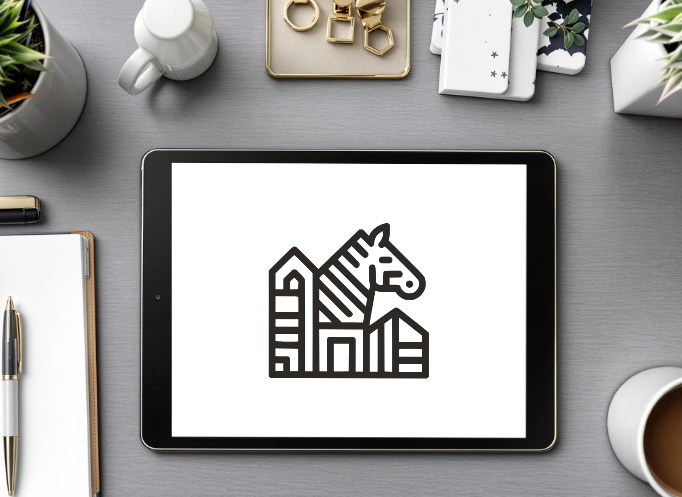 Digital tablet displaying a stylized unicorn icon with striped mane and geometric body, on a gray desk with notebooks, pens, gold jewelry, desk accessories, a coffee mug, and a potted plant.